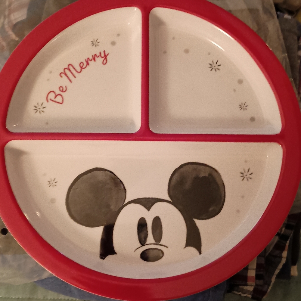 Pottery Barn Disney Mickey Mouse Red and White Be Merry plastic plate